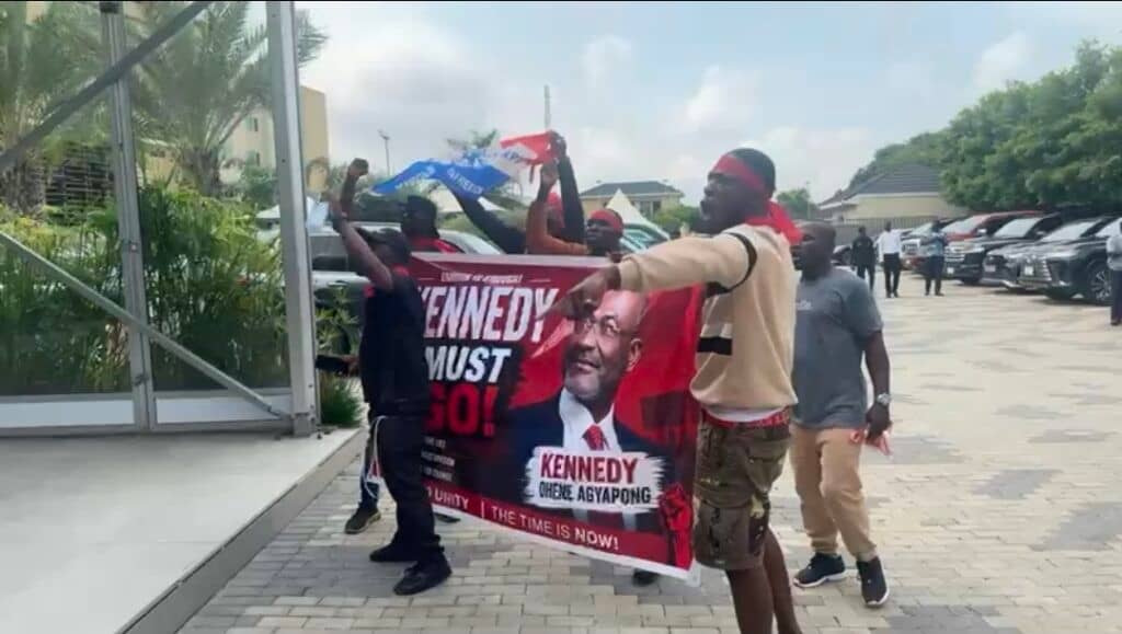 Tensions Erupt at NPP NEC Meeting as Protesters Demand Agyapong's Resignation