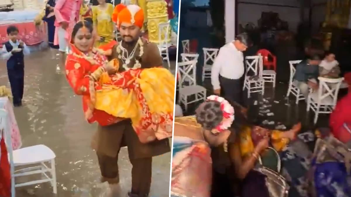 Indore Viral Video: Groom Carries Bride Through Flooded Wedding Venue As Heavy Rain Inundates Marriage Garden