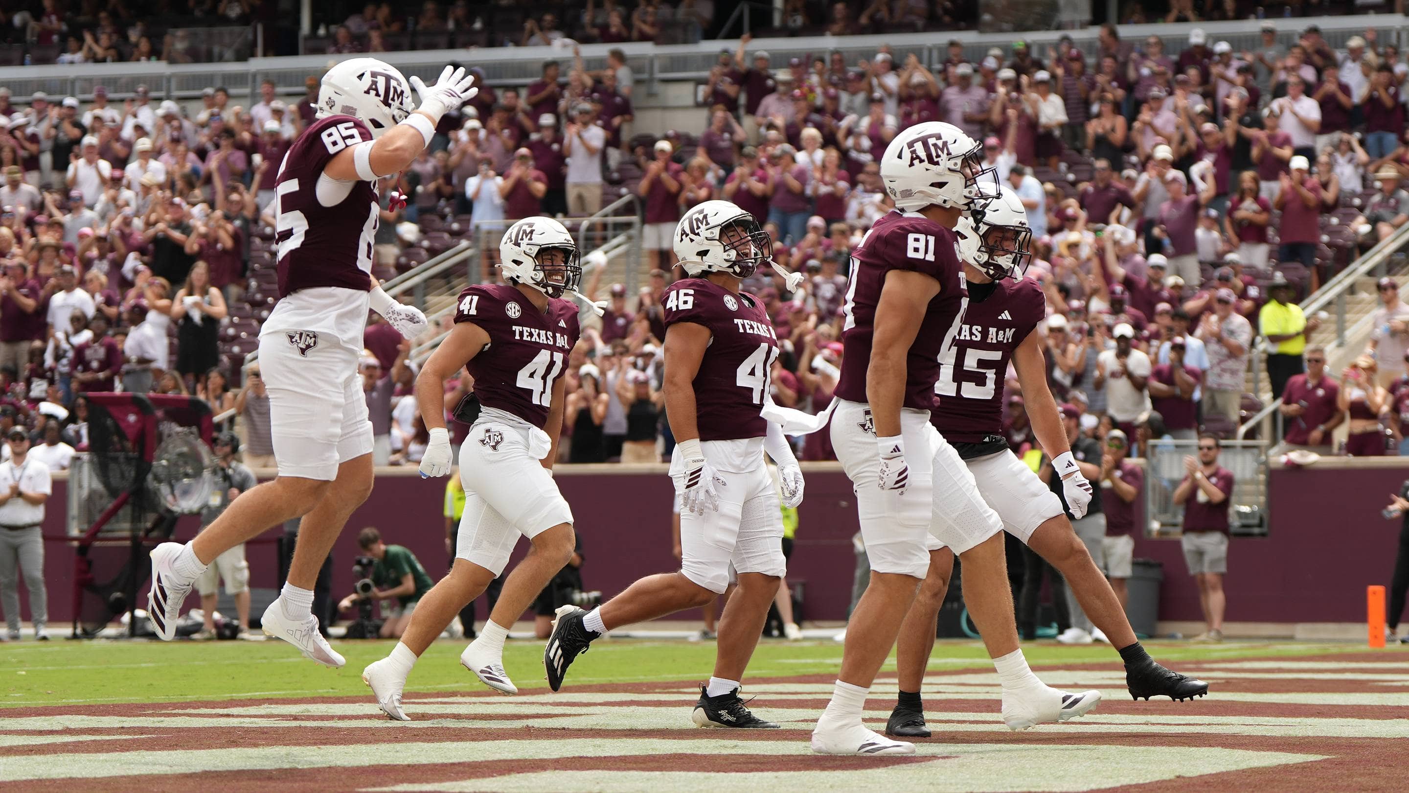 Texas A&M 12th Man Kick-off Team Celebrates Tackle Against Utah State at Kyle Field