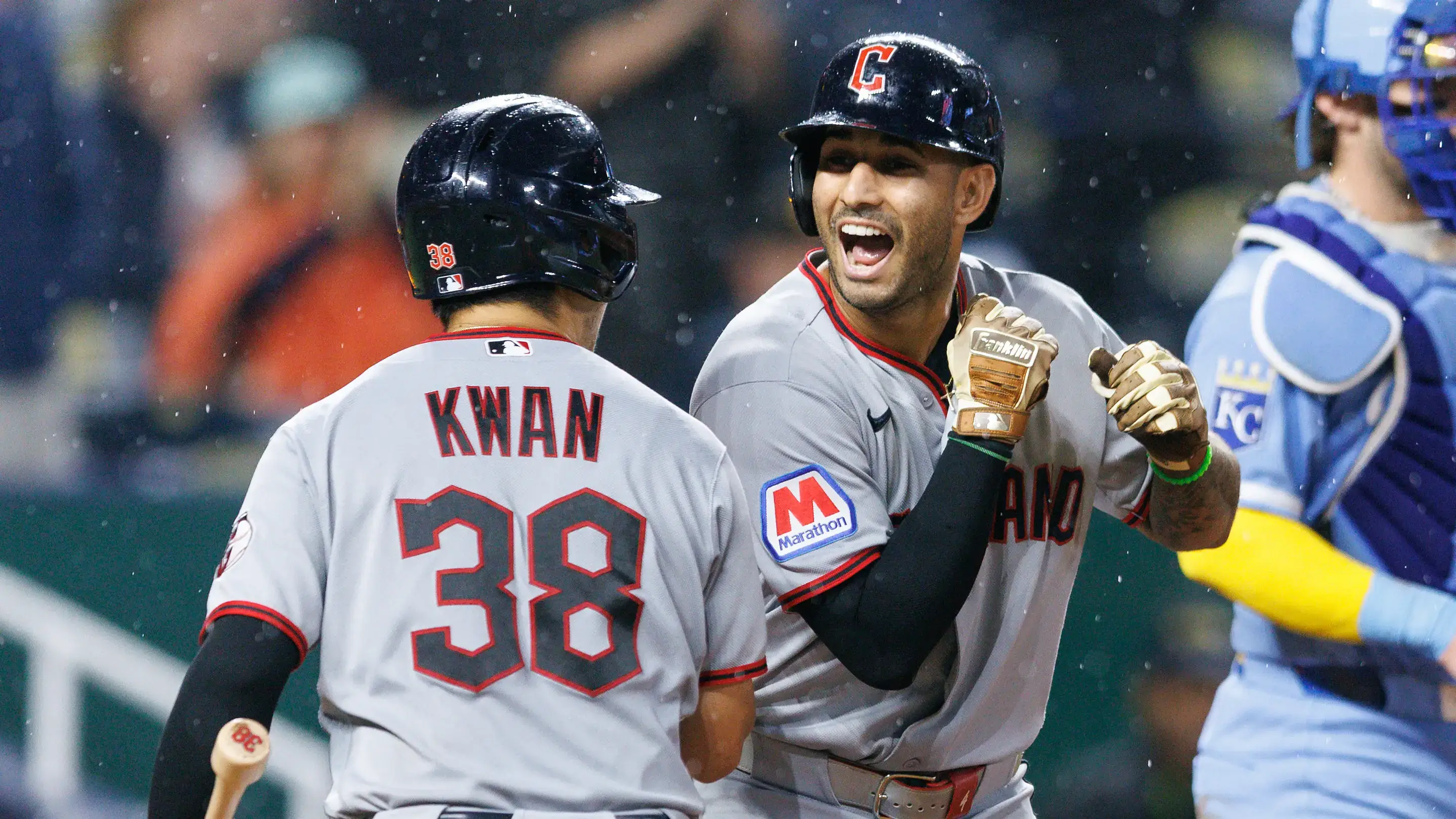 Guardians' Rocchio and Kwan celebrate run against Royals at Kauffman Stadium on Sep 25, 2026